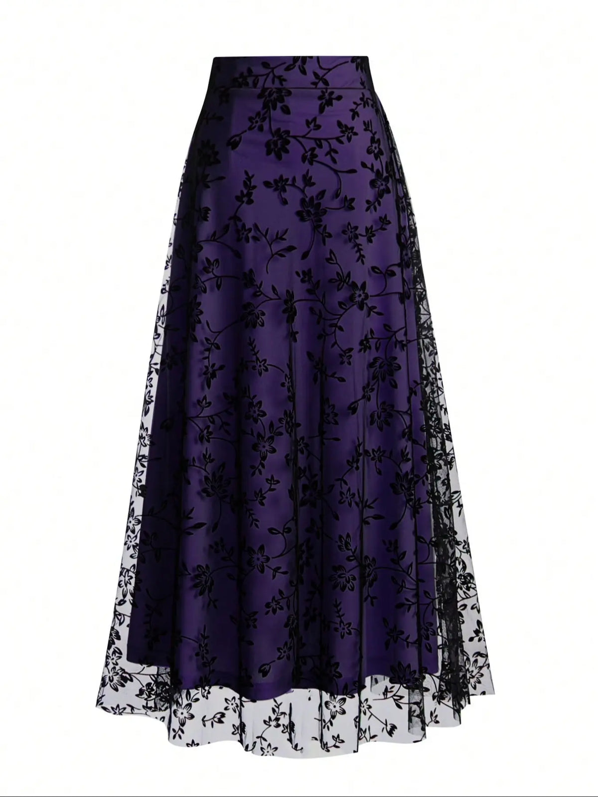 Women's Floral Embroidery Contrast Netting A-line Half Skirt, Aesthetic Fashionable Skirt, Tulle Fabric Skirt, Casual Elegant High Waist Midi Dress for Party, Holiday, Wedding Guest Wear, Four Seasons Suitable Long Dress for Women