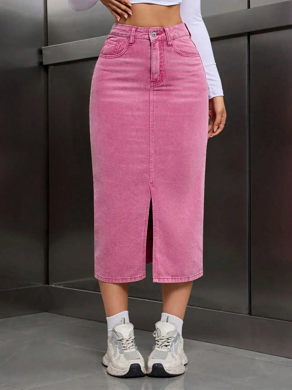 Washed High Waist Split Denim Midi Skirt, Straight Fit Bodycon Half Skirt, Casual Knee-Length Skirt for All Seasons, Women, Split Hem Skirt, Casual Fashion Skirt