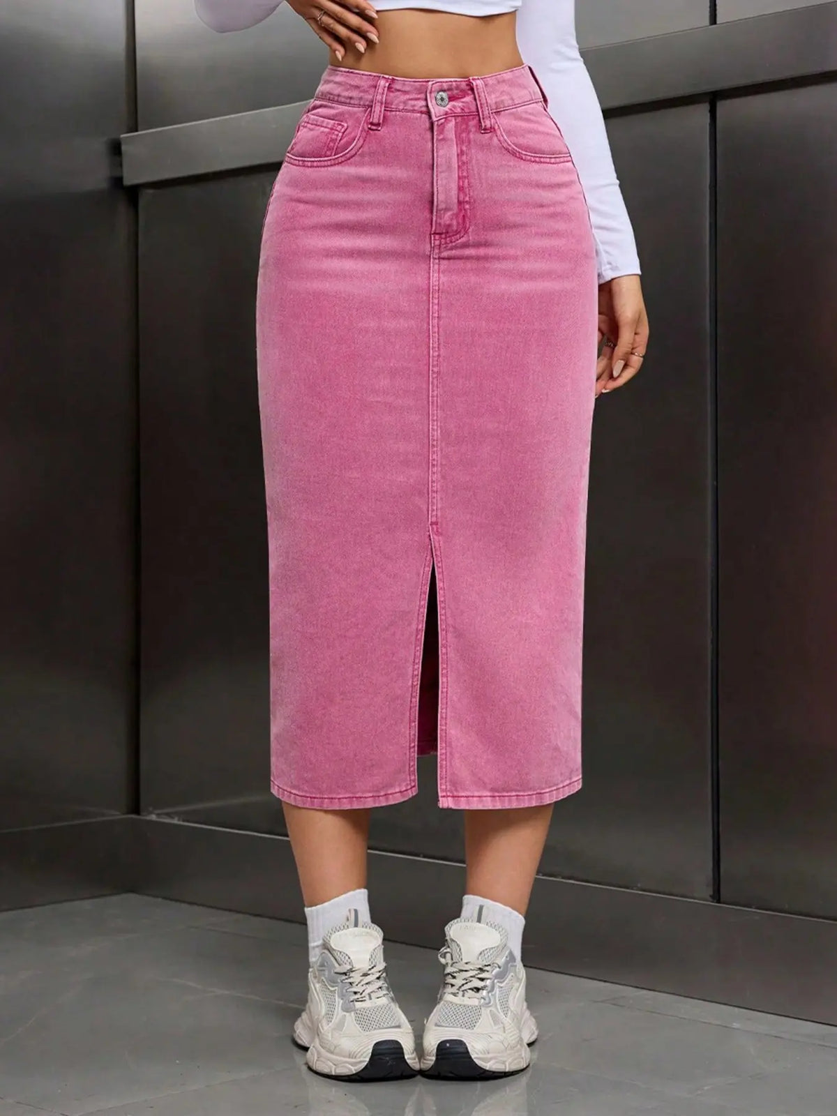 Washed High Waist Split Denim Midi Skirt, Straight Fit Bodycon Half Skirt, Casual Knee-Length Skirt for All Seasons, Women, Split Hem Skirt, Casual Fashion Skirt