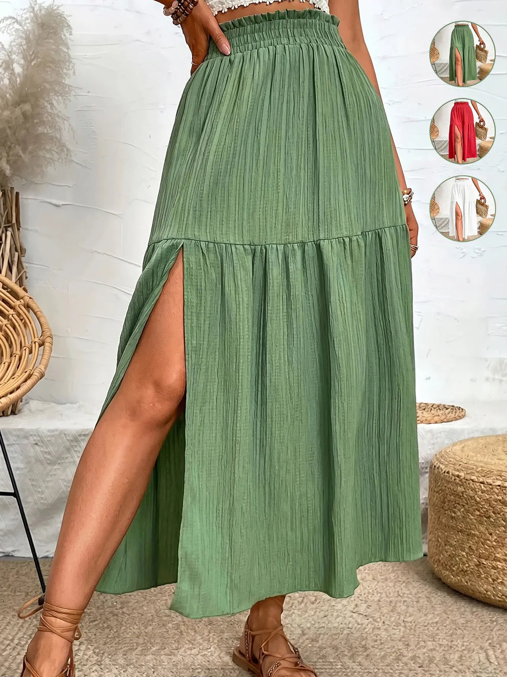 Women's Casual Vacation Textured Fabric Elastic Waist Slit Skirt, Comfortable and Stylish Half Skirt for Everyday Wear, Flowy Casual Skirt