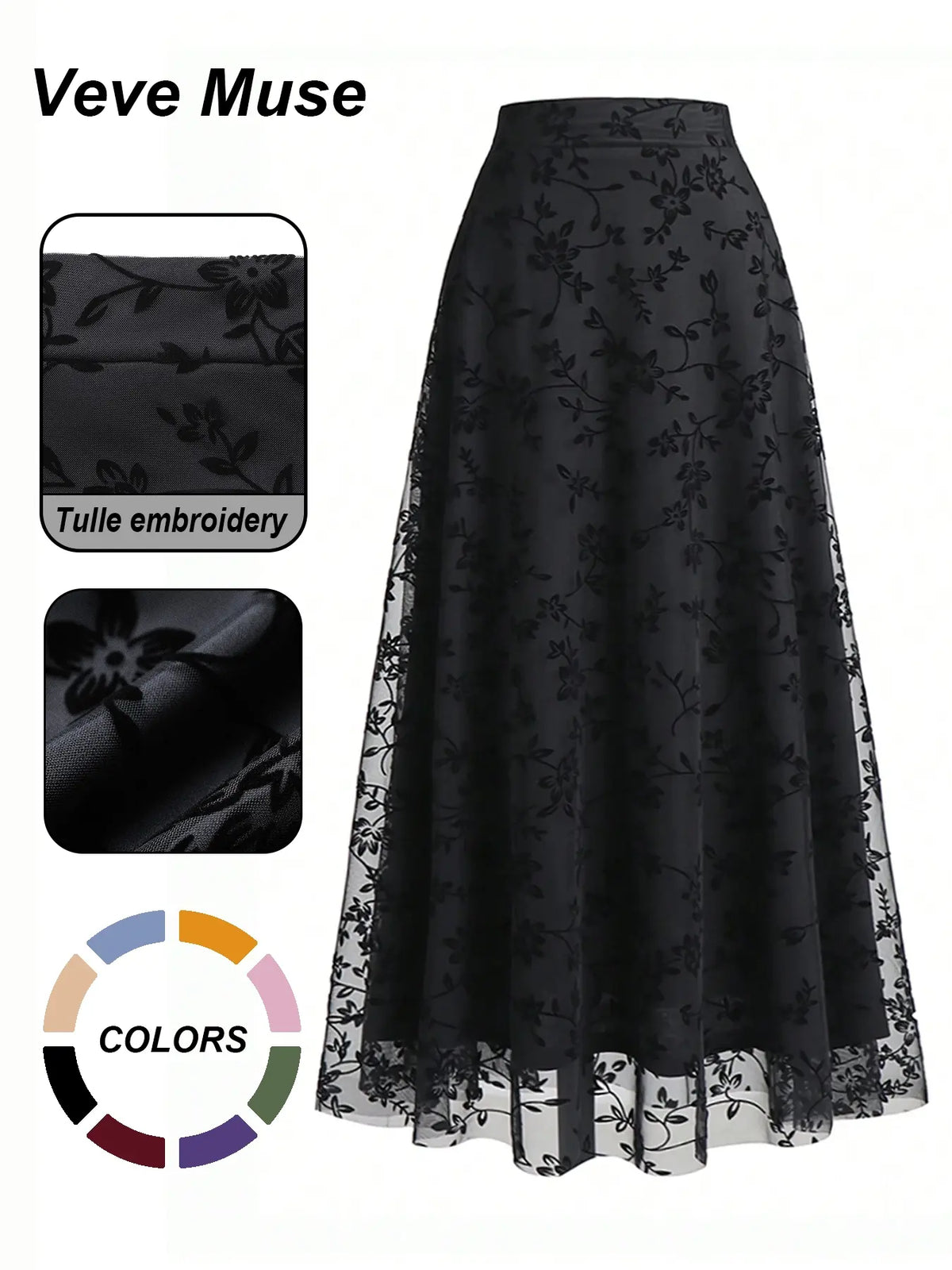 Women's Floral Embroidery Contrast Netting A-line Half Skirt, Aesthetic Fashionable Skirt, Tulle Fabric Skirt, Casual Elegant High Waist Midi Dress for Party, Holiday, Wedding Guest Wear, Four Seasons Suitable Long Dress for Women