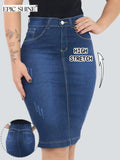 Women's High Waist Stretch Denim Skirt, Elegant Mid-Length Button Zipper Design, Versatile Casual Office Wear, Suitable for All Seasons, Stretchy Denim Skirts
