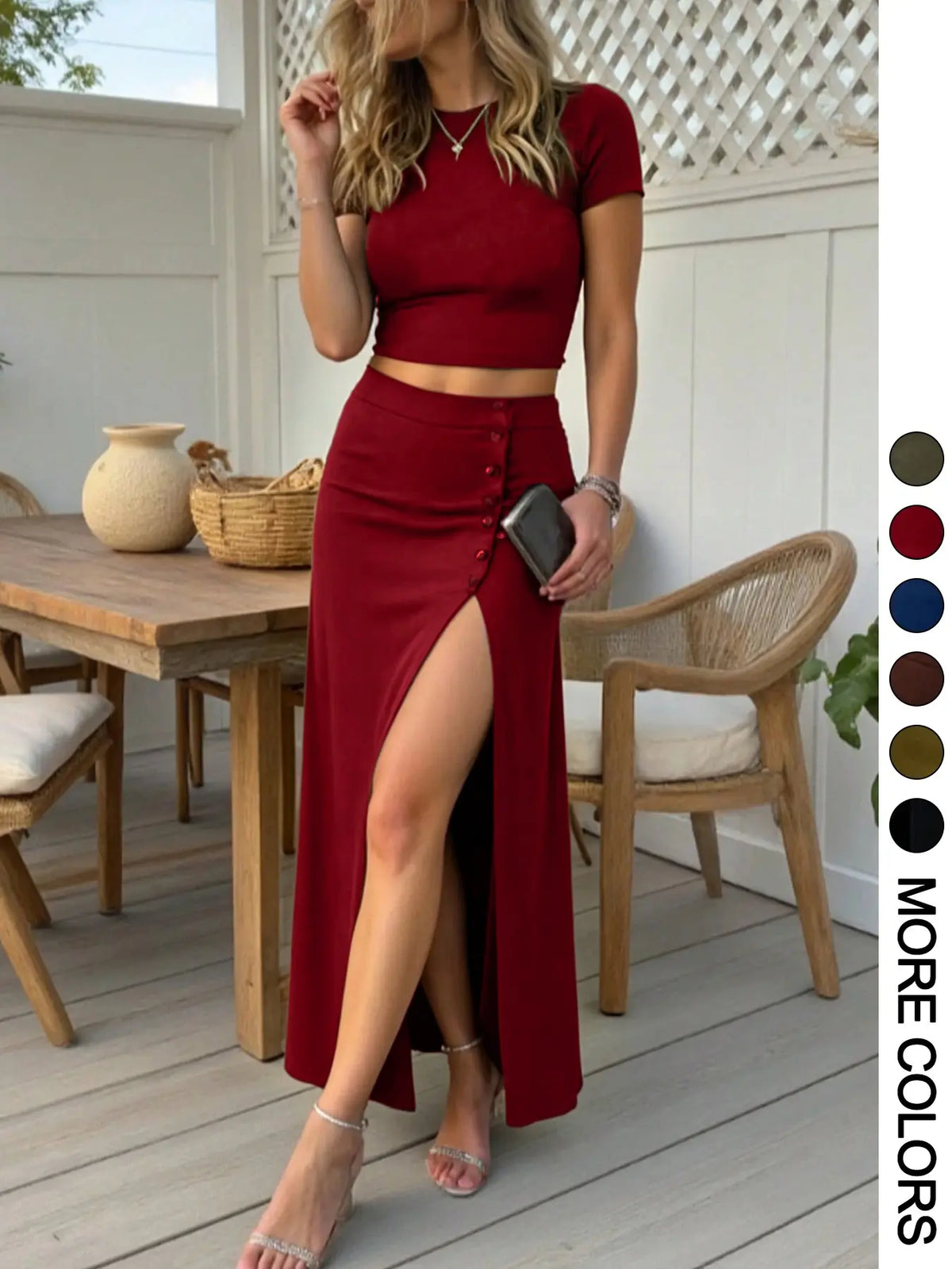 Women's Casual Two-Piece Set, Fashion Clothing Set, Short Sleeve Crop Top & Front Button Split Skirt, Summer Fashion, Minimalist, Breathable, Chic, Lightweight, Comfortable and Stylish, Chic Skirt Sets