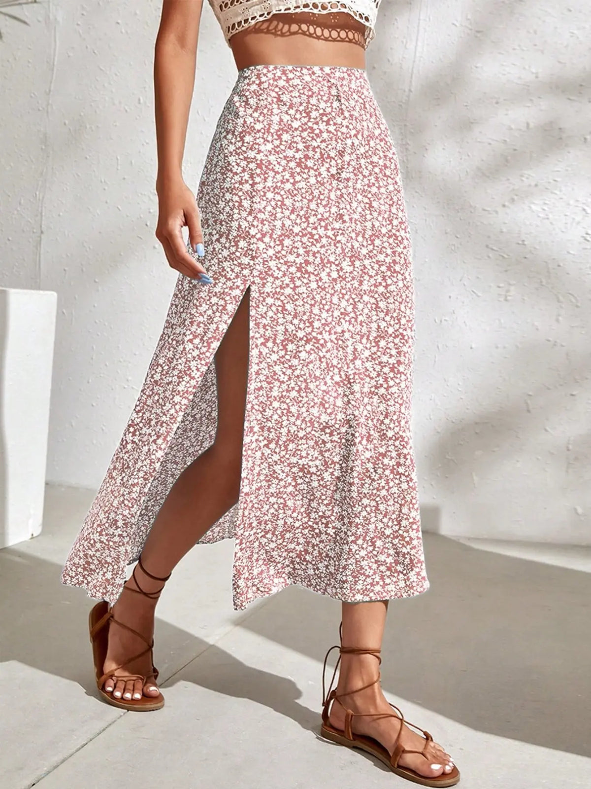 Women's Ditsy Floral Print Split Thigh A Line Skirt, Boho Bohemian Casual High Waist Midi Skirt, Boho Skirts for Beach Holiday Vacation, Summer Outfits 2024, Ladies Summer Clothes, Womenswear Bottom