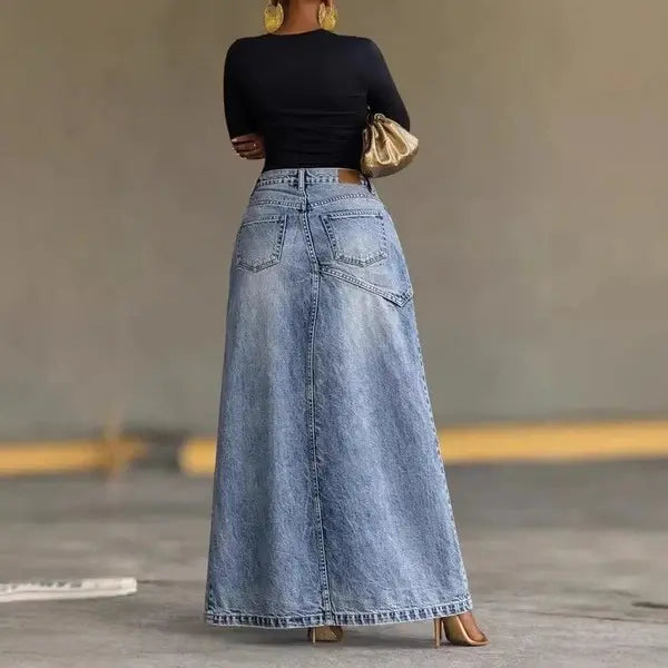 Women's Vintage-washed High-waist Denim Midi-long Skirt With Irregular Spliced Slit Design, Suitable For Spring, Summer, Autumn And Winter