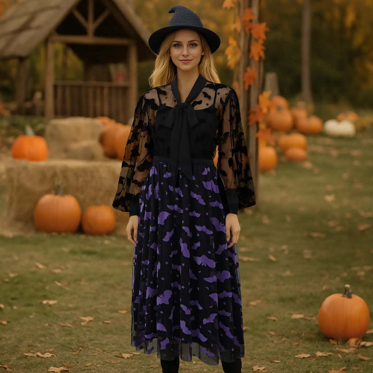 CHICWISH  Women's Velvet Bats Mesh Tulle Midi Skirt in Pumpkin for Halloween Party or Any Occasion, Autumn, Winter Outfit, Festive Outfit Womenswear Bottom
