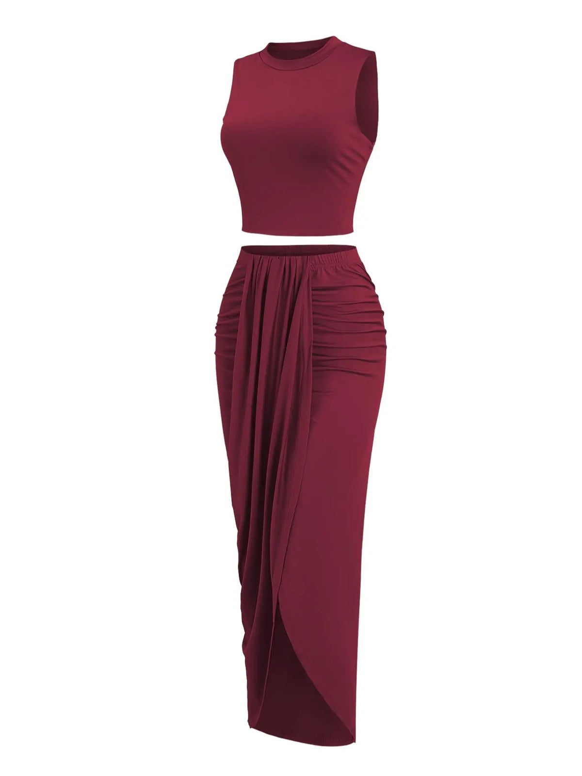 Women's Solid Crop Tank Top & Ruched Asymmetrical Hem Split Skirt Set, Casual Chic Minimalist Style Mock Neck Sleeveless Top & High Waist Wrap Skirt, Cute Summer Outfit Clothes, Beach Outfits Set