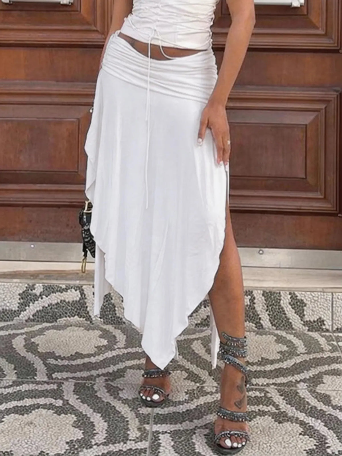 Vacation Casual Ruched Split Irregular Design Low Waist Long Skirt, New Solid Color Drapey Half Skirt, Women's Fashion Dress
