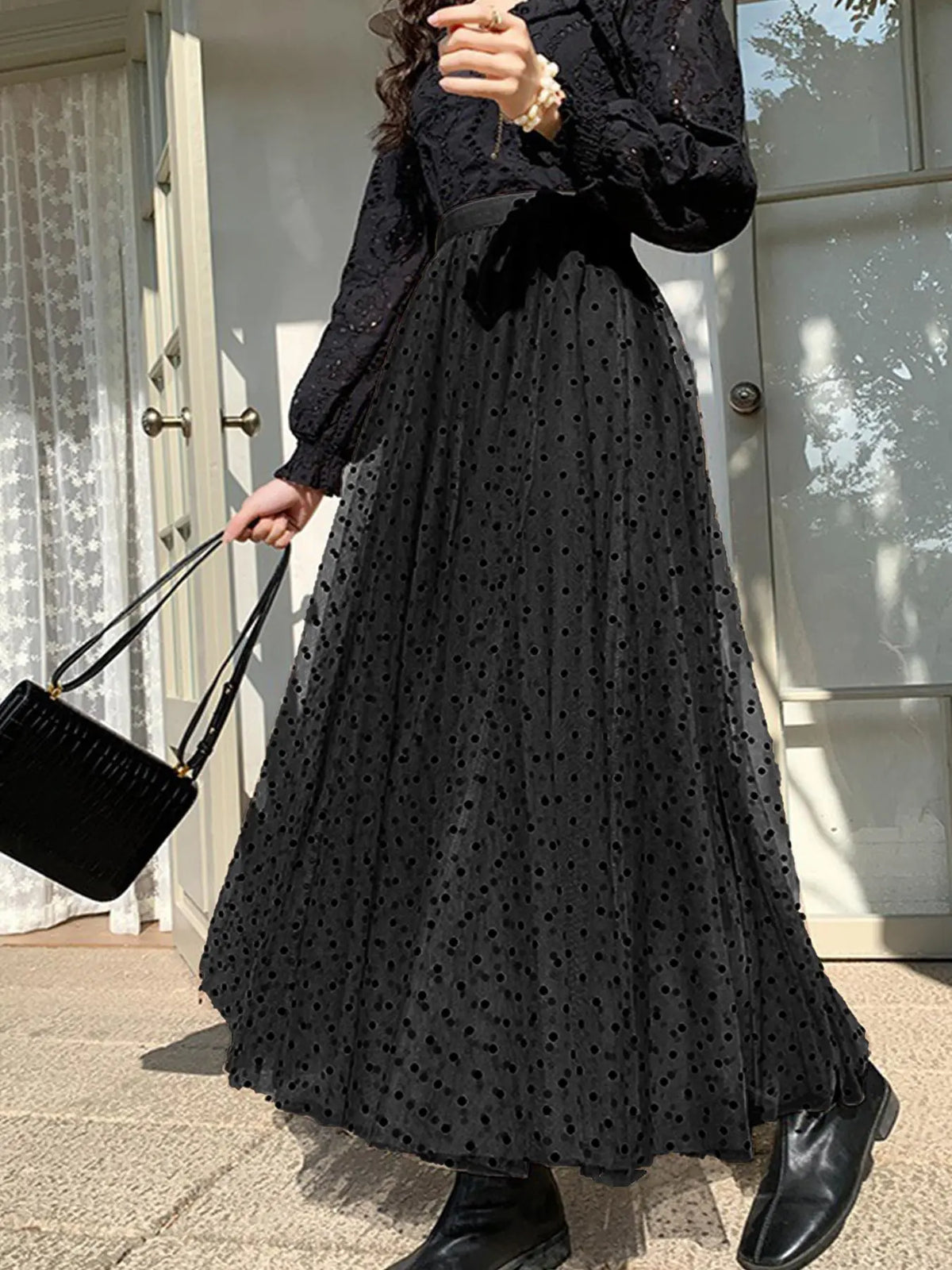 Women's Polka Dot Print Contrast Mesh Tape Ruched A Line Lightweight Breathable Tulle Fabric Bottom Skirt, Elegant Chic Fashion Casual Skirt for Daily Vacation Holiday Beach, Ladies Summer Clothes Fit