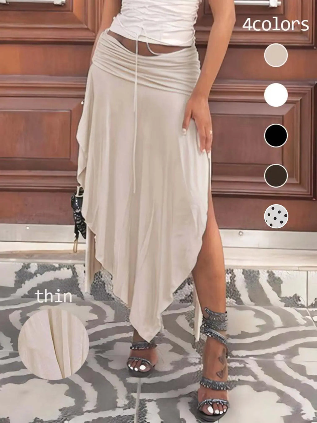 Vacation Casual Ruched Split Irregular Design Low Waist Long Skirt, New Solid Color Drapey Half Skirt, Women's Fashion Dress
