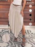 Vacation Casual Ruched Split Irregular Design Low Waist Long Skirt, New Solid Color Drapey Half Skirt, Women's Fashion Dress