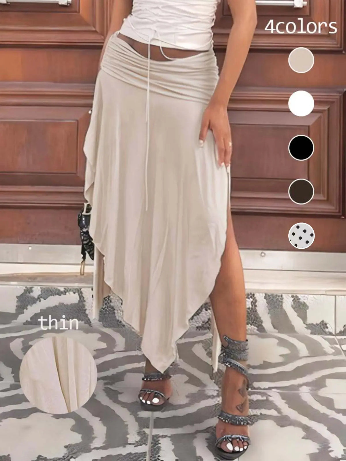 Vacation Casual Ruched Split Irregular Design Low Waist Long Skirt, New Solid Color Drapey Half Skirt, Women's Fashion Dress
