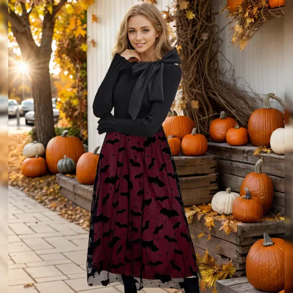 CHICWISH  Women's Velvet Bats Mesh Tulle Midi Skirt in Pumpkin for Halloween Party or Any Occasion, Autumn, Winter Outfit, Festive Outfit Womenswear Bottom