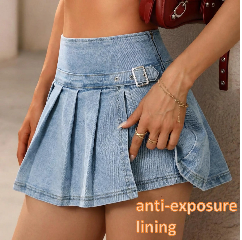 EMMIOL【Back to School】Denim Mini Skirt for Women - Mid-Low Waisted Stretch Side Zipper Skort Y2k Casual Jean Skirts with Shorts Underneath