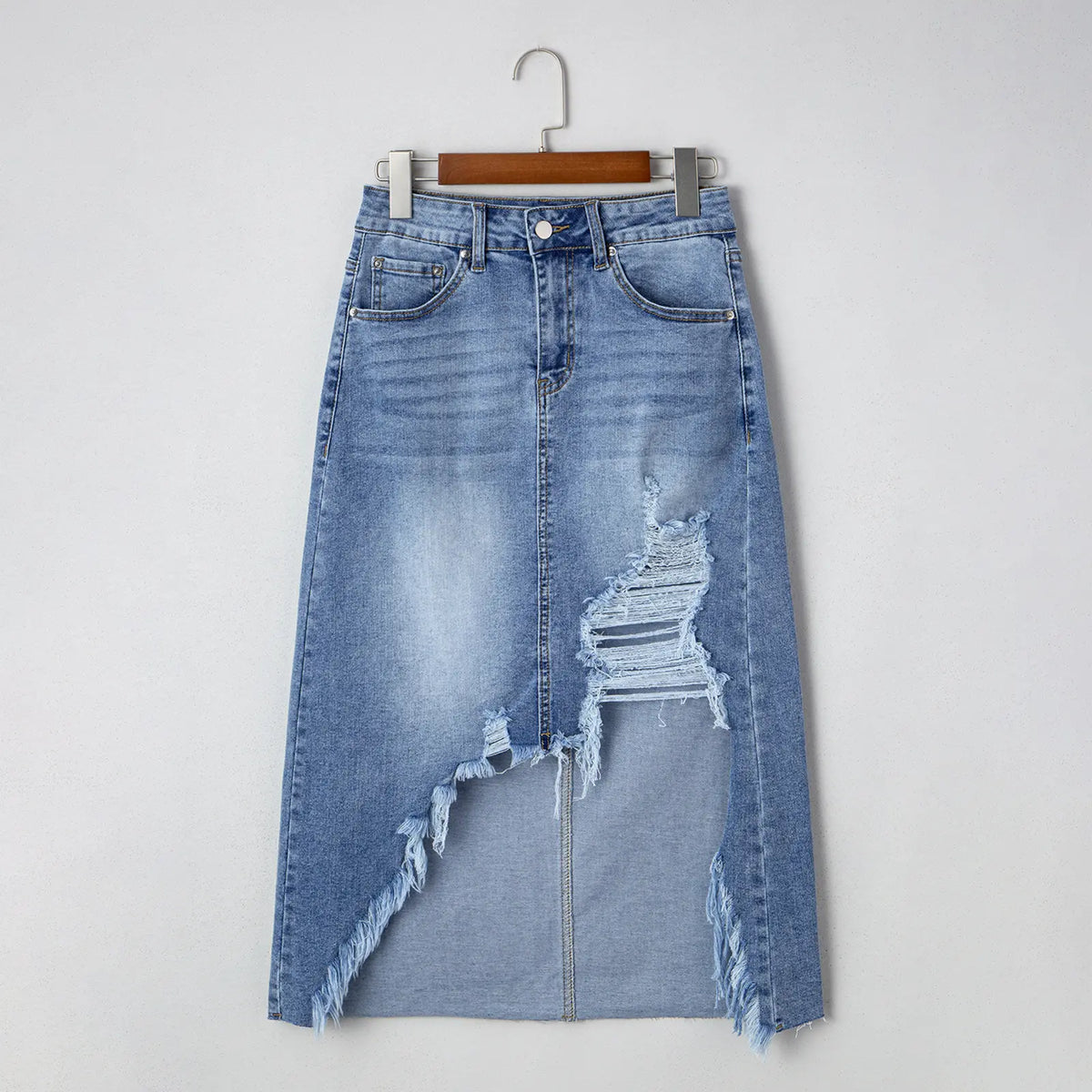 Asvivid Western Asymmetrical Ripped Denim Midi Skirt with Pocket Women High‑low Distressed Irregular Raw Frayed Hem Casual Destroyed Cowgirl Jean Skirts Bottoms Clothes for Back To School Fashion Fall Pick