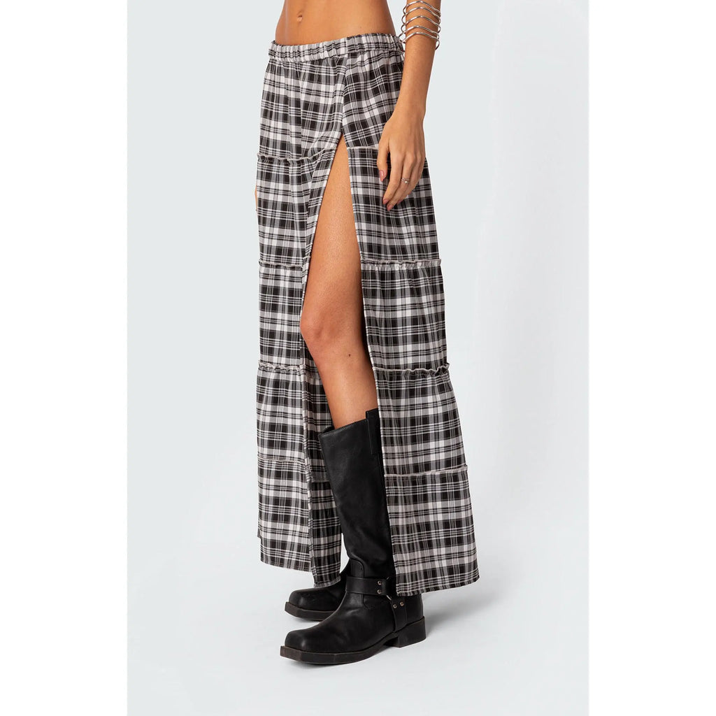 Edikted Women's Plaid Side Slit Tiered Maxi Skirt - Multicolor