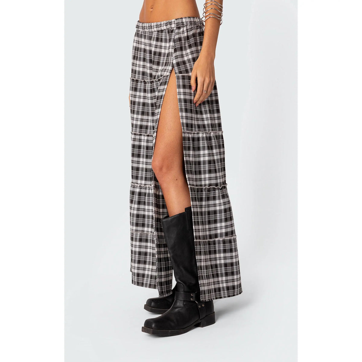 Edikted Women's Plaid Side Slit Tiered Maxi Skirt - Multicolor