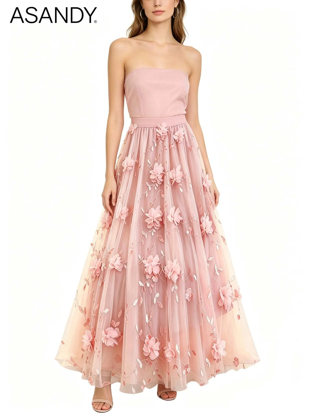 ASANDY Women's High-Waisted A-Line Tulle Maxi Skirt - 3D Floral Embroidery, Handmade Flower Appliqués, Elegant Formal Bottoms with Premium Fabric, Flattering Fit (1-Piece),sohochic