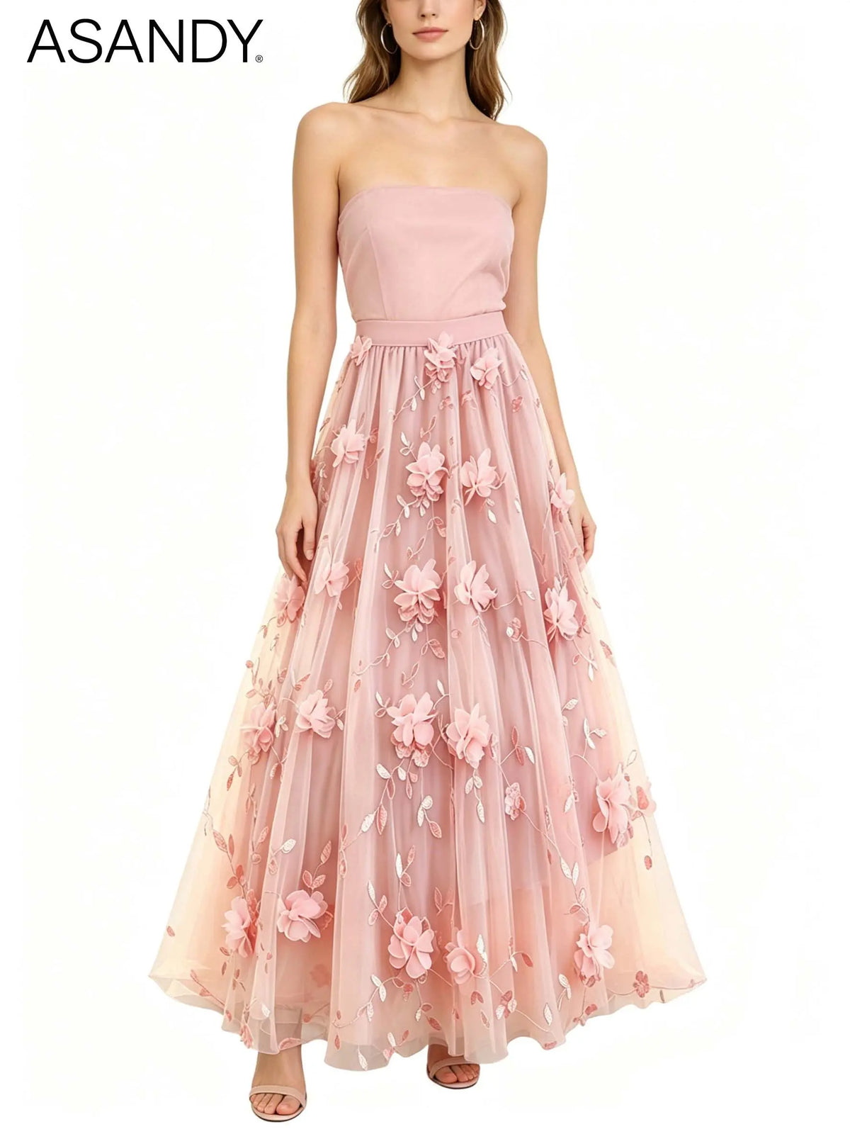 ASANDY Women's High-Waisted A-Line Tulle Maxi Skirt - 3D Floral Embroidery, Handmade Flower Appliqués, Elegant Formal Bottoms with Premium Fabric, Flattering Fit (1-Piece),sohochic