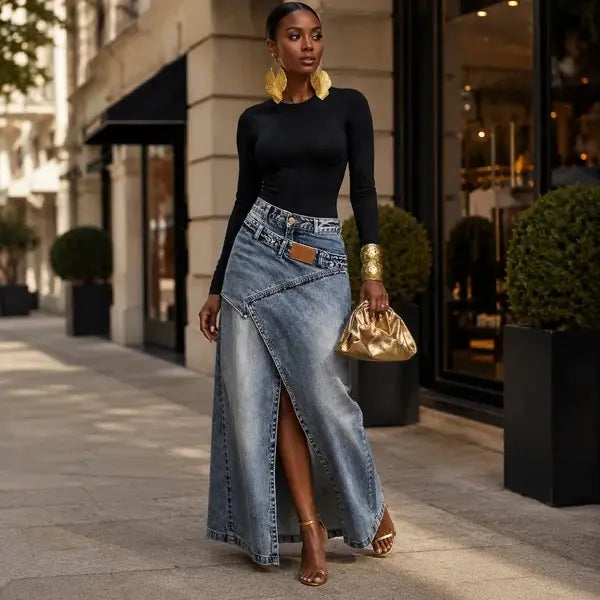 Women's Vintage-washed High-waist Denim Midi-long Skirt With Irregular Spliced Slit Design, Suitable For Spring, Summer, Autumn And Winter
