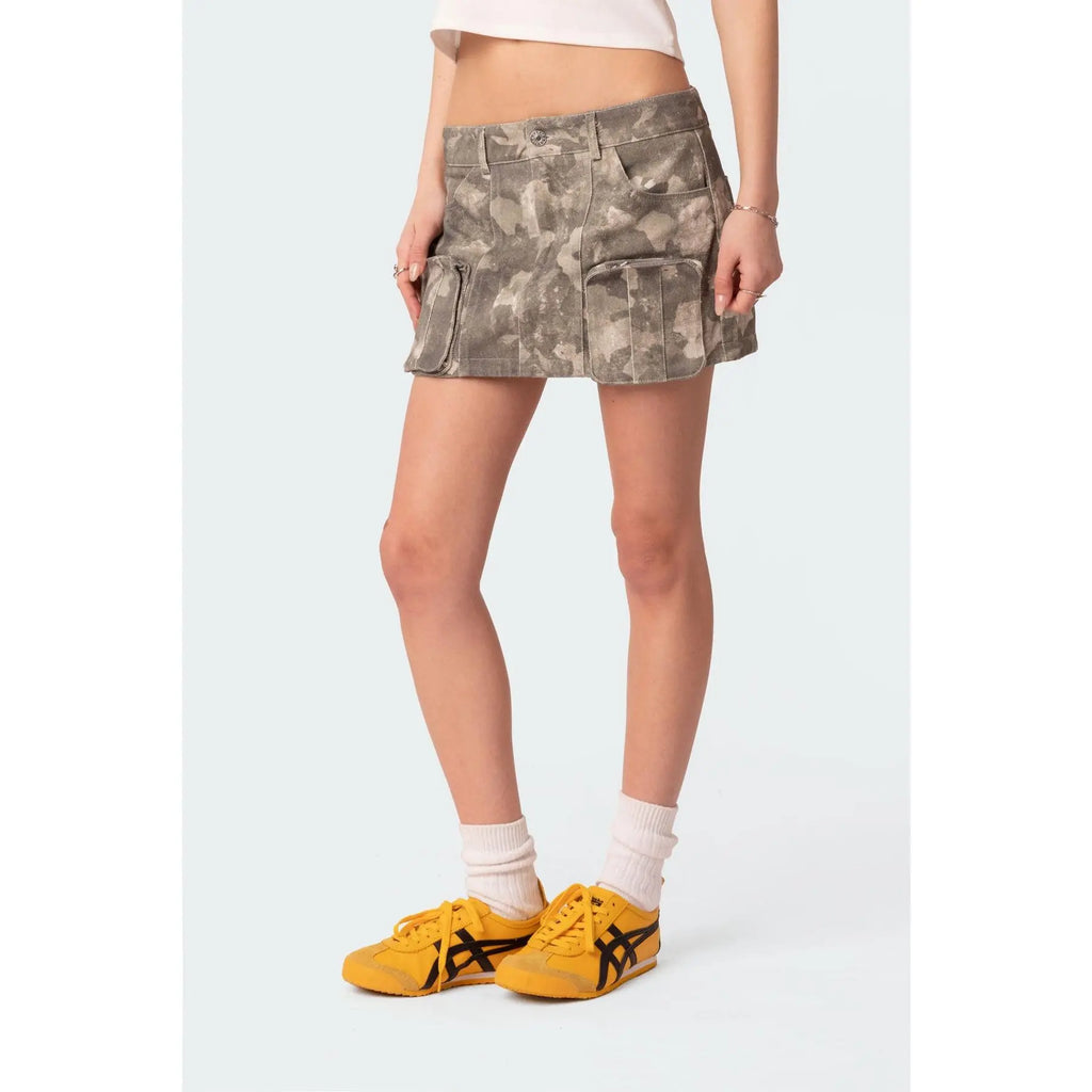 Camo Low Rise Denim Cargo Mini Skirt