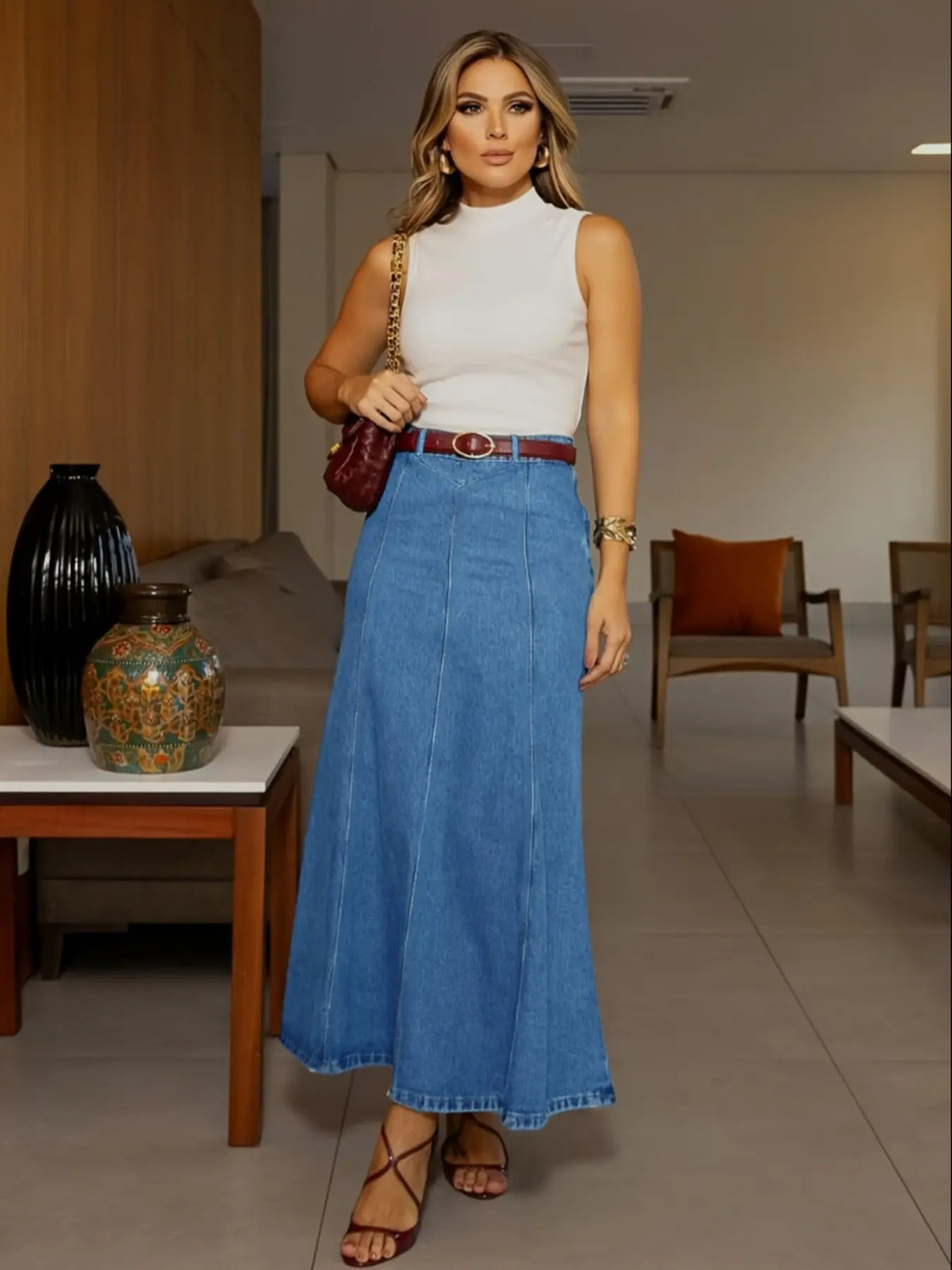 Casual Stretchy Elastic Washed Flared Denim Skirt, Loose-Fitting Plain Basic Skirt, Women's Summer Wear for Daily Wear & Date Bottoms