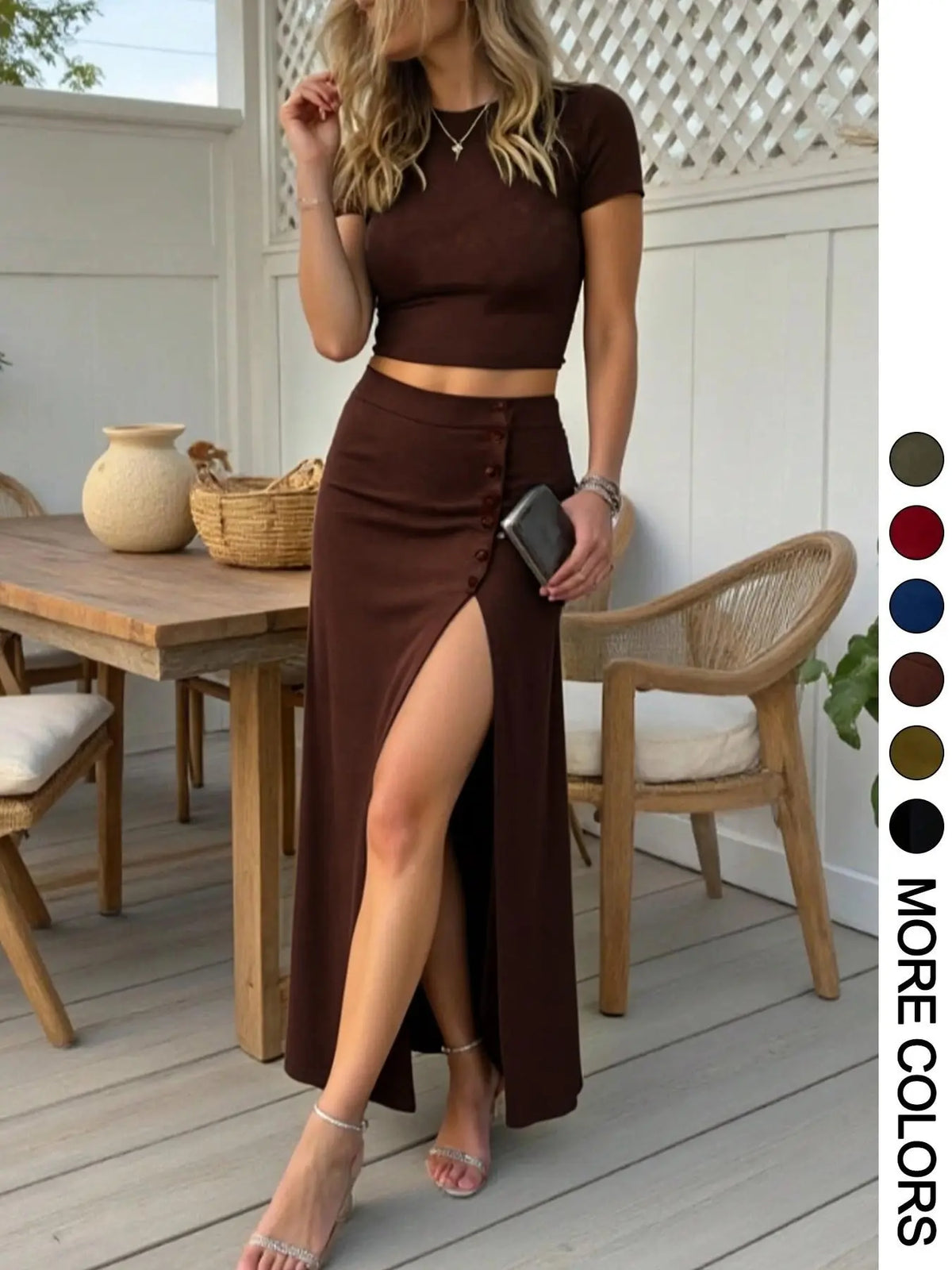 Women's Casual Two-Piece Set, Fashion Clothing Set, Short Sleeve Crop Top & Front Button Split Skirt, Summer Fashion, Minimalist, Breathable, Chic, Lightweight, Comfortable and Stylish, Chic Skirt Sets