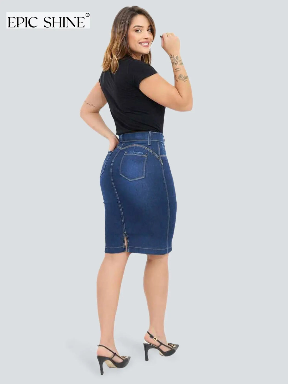 Women's High Waist Stretch Denim Skirt, Elegant Mid-Length Button Zipper Design, Versatile Casual Office Wear, Suitable for All Seasons, Stretchy Denim Skirts