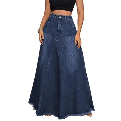 Ebossy Retro High Waist Denim Maxi Skirt | Frayed Hem, Pockets & Tassels | Cute A-Line for Daily & Party Looks,clothes for back to school,first day of school outfits