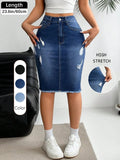 Women's Slim-Fit Ripped Denim Skirt, High-Waisted Knee-Length, Casual Button Closure, All-Season Fashion, Multiple Colors Available, Hip Hugging Skirt