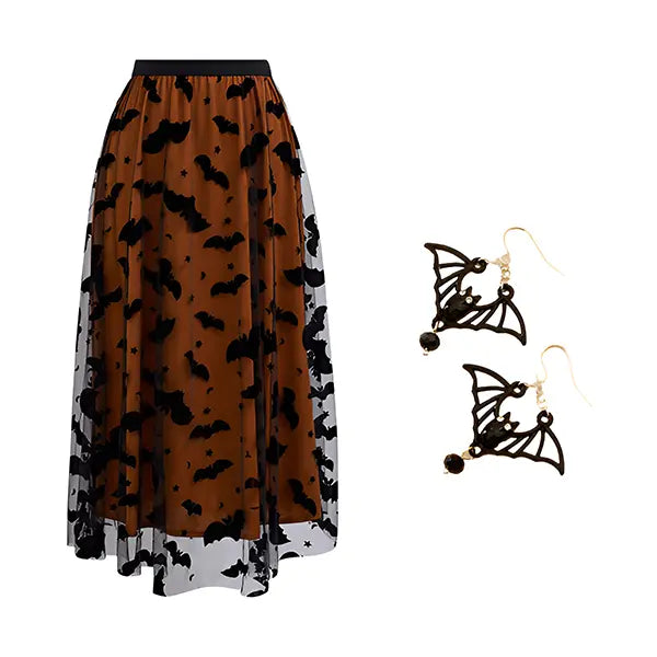 CHICWISH  Women's Velvet Bats Mesh Tulle Midi Skirt in Pumpkin for Halloween Party or Any Occasion, Autumn, Winter Outfit, Festive Outfit Womenswear Bottom