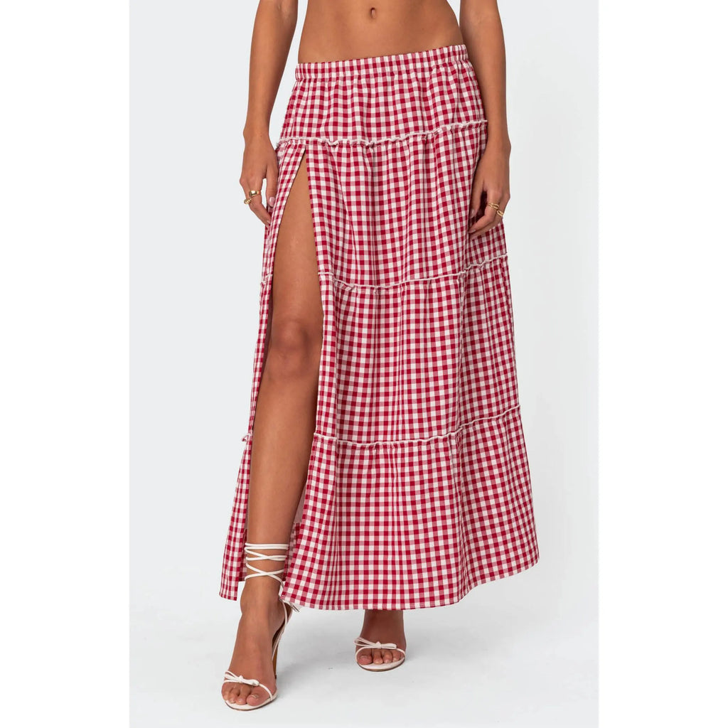 Edikted Women's Gingham Side Slit Tiered Maxi Skirt - Multicolor