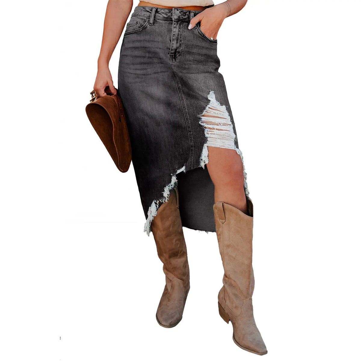 Asvivid Western Asymmetrical Ripped Denim Midi Skirt with Pocket Women High‑low Distressed Irregular Raw Frayed Hem Casual Destroyed Cowgirl Jean Skirts Bottoms Clothes for Back To School Fashion Fall Pick
