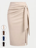 Women's Casual Elegant Professional Solid High Waist Slit Knot Skirt, Stylish Midi Skirt for Office Look, Perfect for Daily Wear