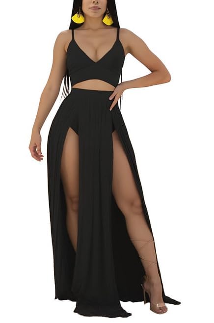 Women Sexy 2 Piece Outfits Dress Chiffon Strap Deep V Neck Bra Crop Top High Split Maxi Dresses Skirt Set