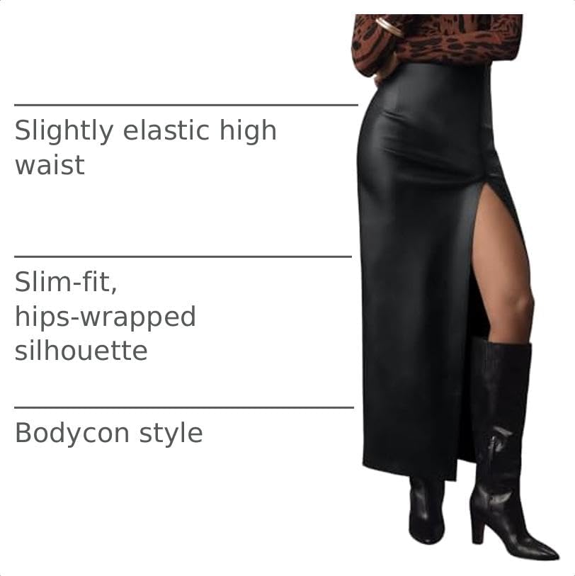 LILLUSORY Womens Faux Leather Maxi Skirts High Waisted Slit