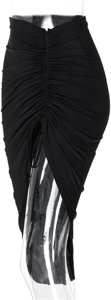 PRIMODA Women's Asymmetrical Bodycon Drawstring Ruched Midi Skirt with Thigh High Slit