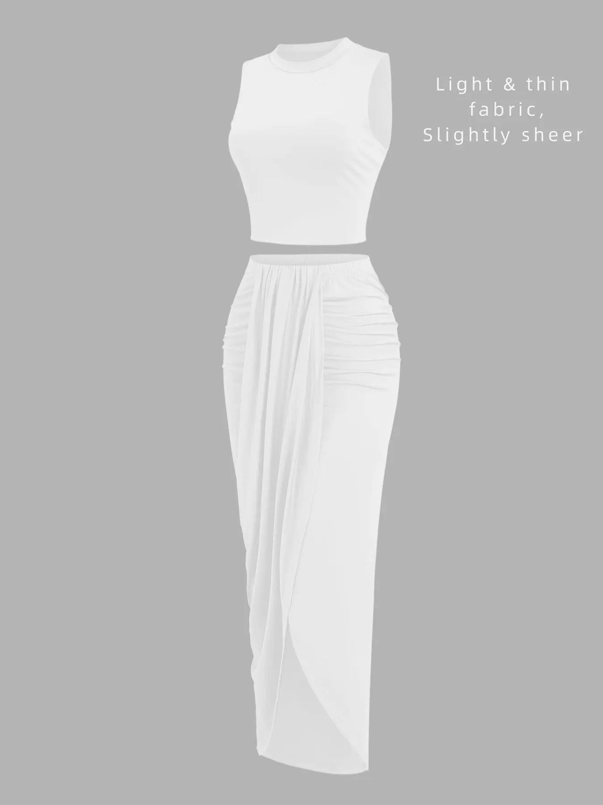Women's Solid Crop Tank Top & Ruched Asymmetrical Hem Split Skirt Set, Casual Chic Minimalist Style Mock Neck Sleeveless Top & High Waist Wrap Skirt, Cute Summer Outfit Clothes, Beach Outfits Set