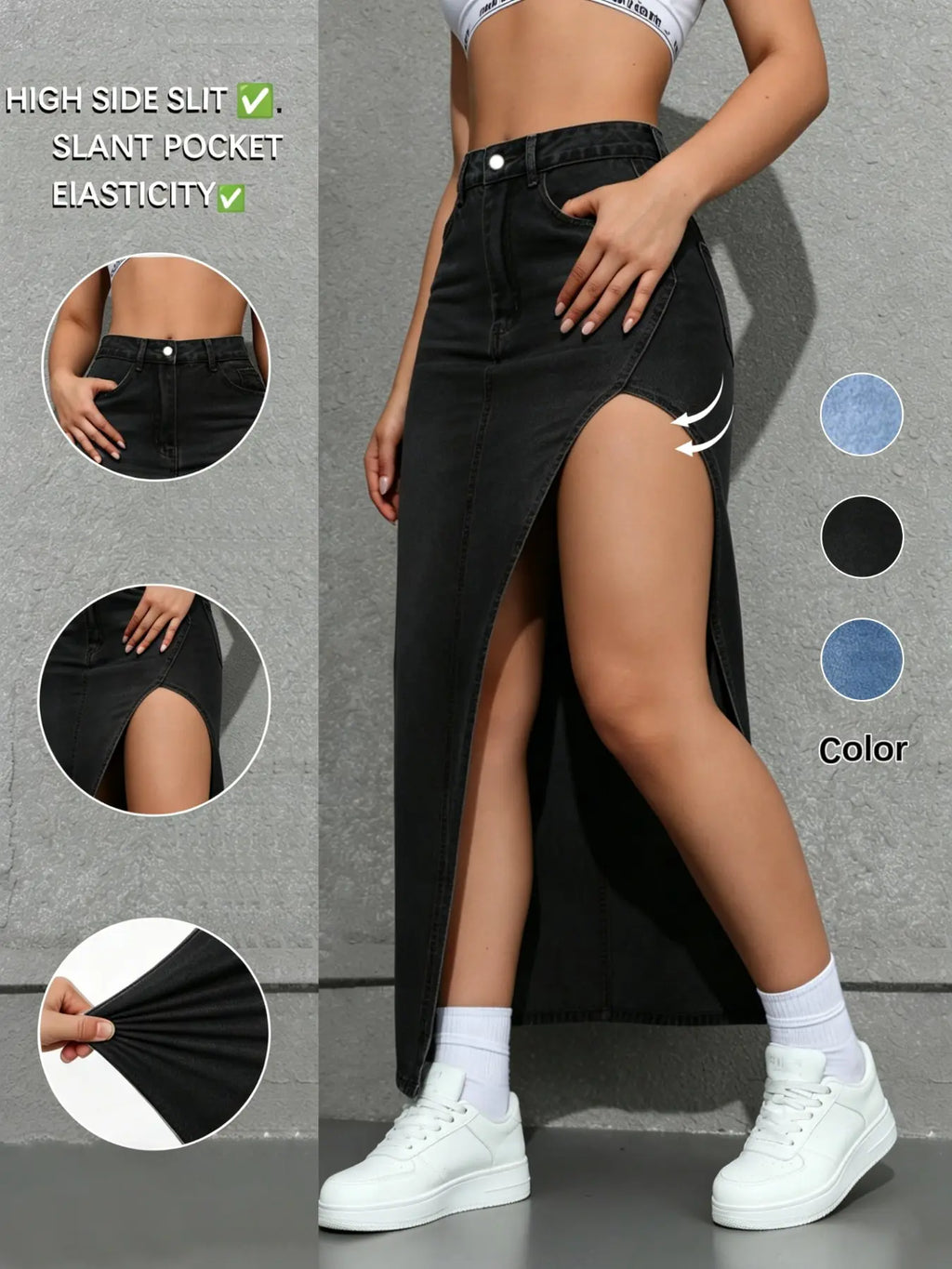 Summervibes New Fashion Women's Denim Long Slit Skirt, Chic, Side Split Design, Button, Versatile, Suitable for Casual and Formal Occasions, Comfortable Daily Wear, Fit