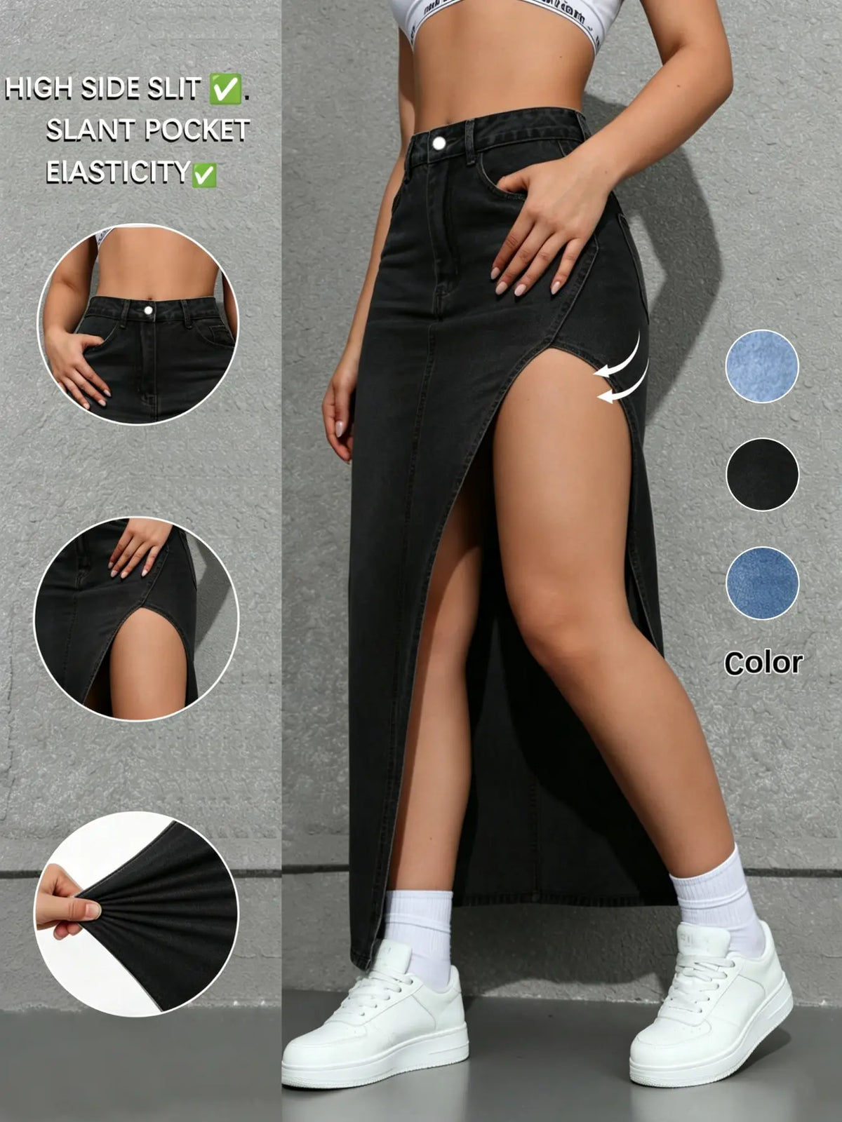 Summervibes New Fashion Women's Denim Long Slit Skirt, Chic, Side Split Design, Button, Versatile, Suitable for Casual and Formal Occasions, Comfortable Daily Wear, Fit