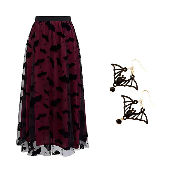 CHICWISH  Women's Velvet Bats Mesh Tulle Midi Skirt in Pumpkin for Halloween Party or Any Occasion, Autumn, Winter Outfit, Festive Outfit Womenswear Bottom