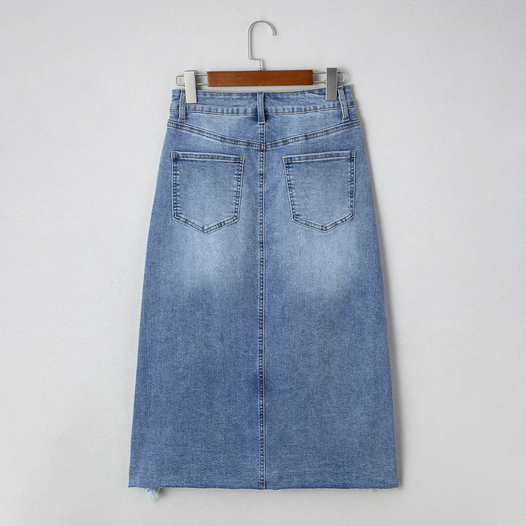 Asvivid Western Asymmetrical Ripped Denim Midi Skirt with Pocket Women High‑low Distressed Irregular Raw Frayed Hem Casual Destroyed Cowgirl Jean Skirts Bottoms Clothes for Back To School Fashion Fall Pick