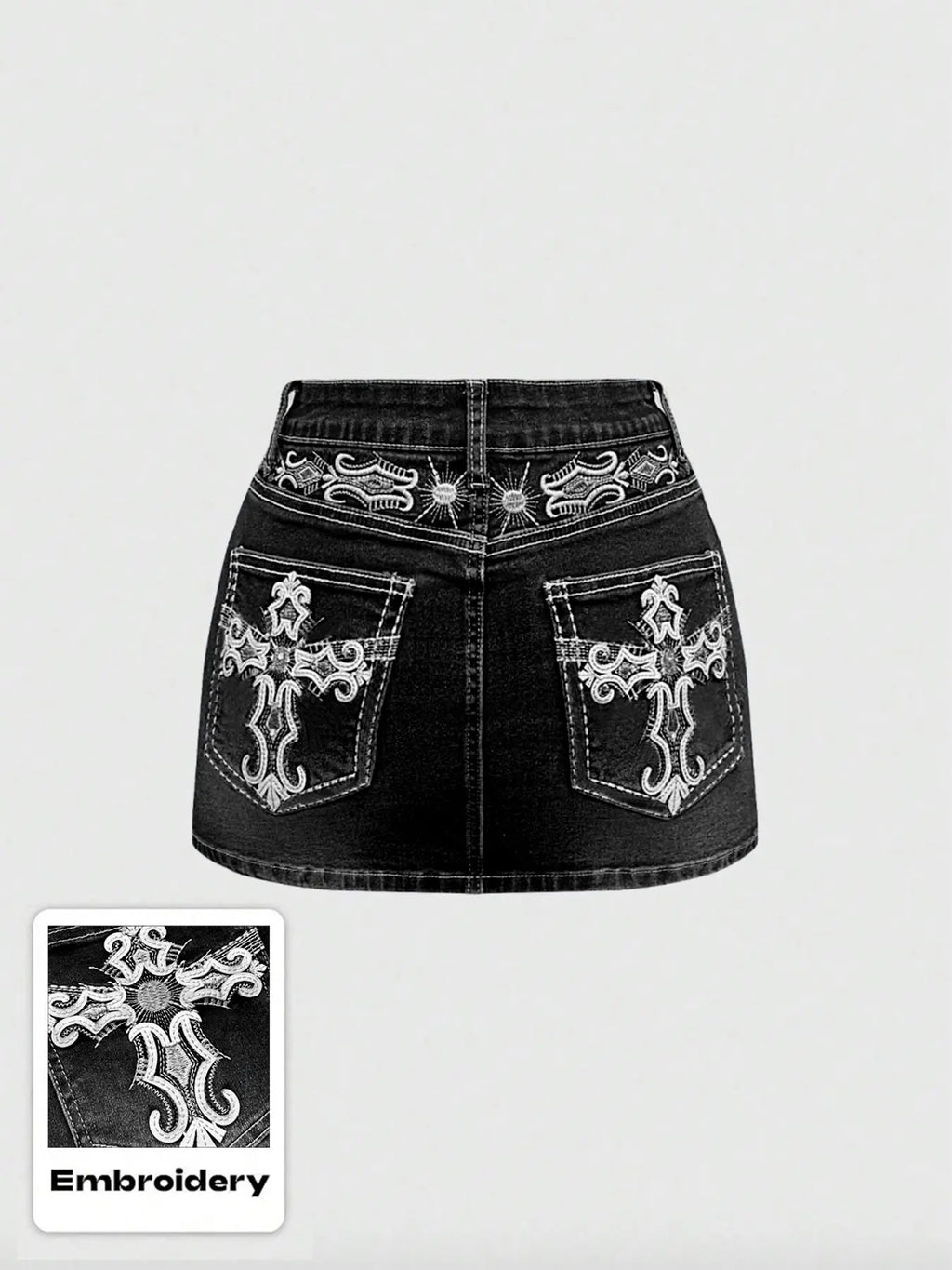 Women's Y2K Vintage Mini Denim Skirt with Pocket, Cross & Wing Embroidery, Comfortable and Stylish Wear, Chic Stretchy Denim Skirt