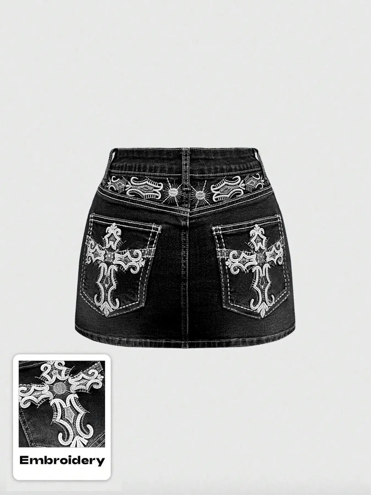 Women's Y2K Vintage Mini Denim Skirt with Pocket, Cross & Wing Embroidery, Comfortable and Stylish Wear, Chic Stretchy Denim Skirt