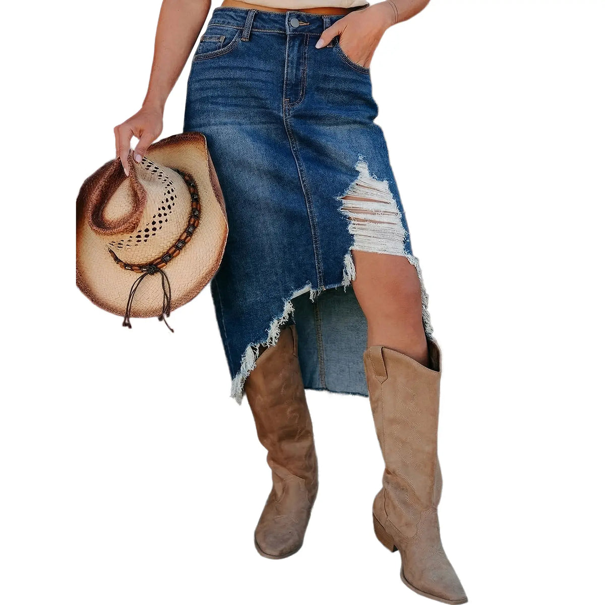 Asvivid Western Asymmetrical Ripped Denim Midi Skirt with Pocket Women High‑low Distressed Irregular Raw Frayed Hem Casual Destroyed Cowgirl Jean Skirts Bottoms Clothes for Back To School Fashion Fall Pick