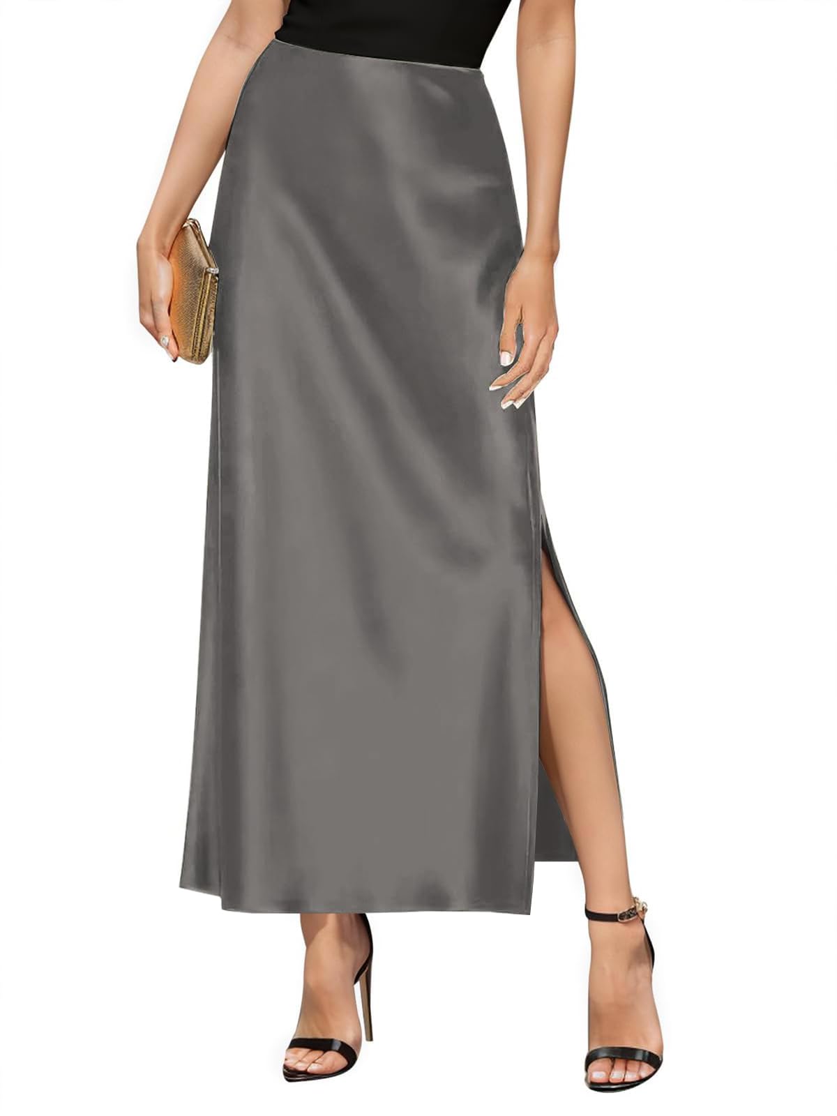 Amy Babe Women's Satin High Waisted Side Split Maxi Skirt Long Silk Skirts