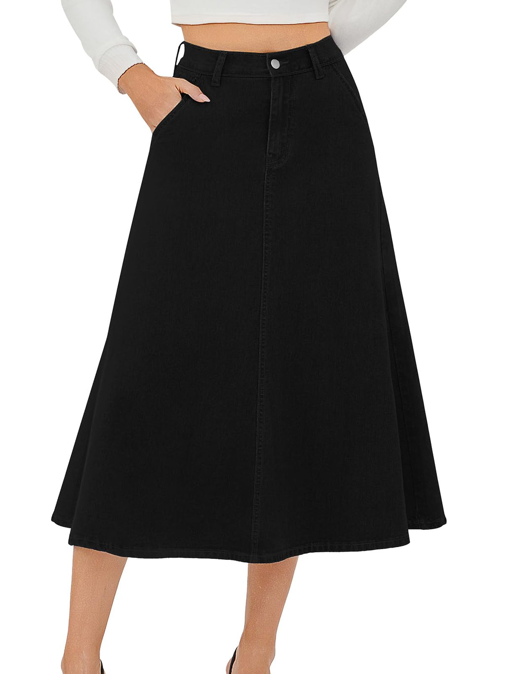 HUSKARY Women's Stretchy High Wasited A Line Long Maxi Jean Skirt Below Knee Length Flared Midi Denim Skirts with Pockets