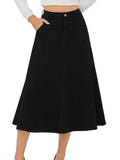 HUSKARY Women's Stretchy High Wasited A Line Long Maxi Jean Skirt Below Knee Length Flared Midi Denim Skirts with Pockets