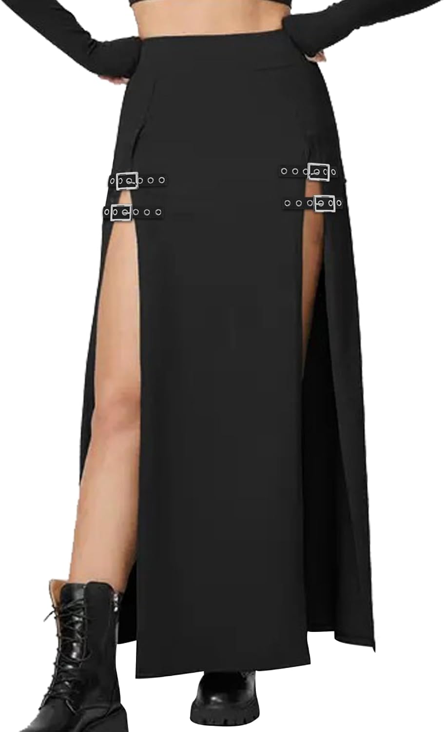 Black Punk Gothic Rave Maxi Skirts with Double Buckle Split for Women Long Goth High Waist Club Party Slit Skirt