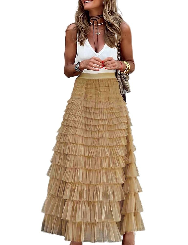 Long Tulle Skirt for Women Trendy High Waisted A Line Fluffy Fairy Mesh Layered Ruffle Skirt